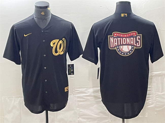 Men's Washington Nationals Black Team Big Logo Cool Base Stitched Baseball Jersey